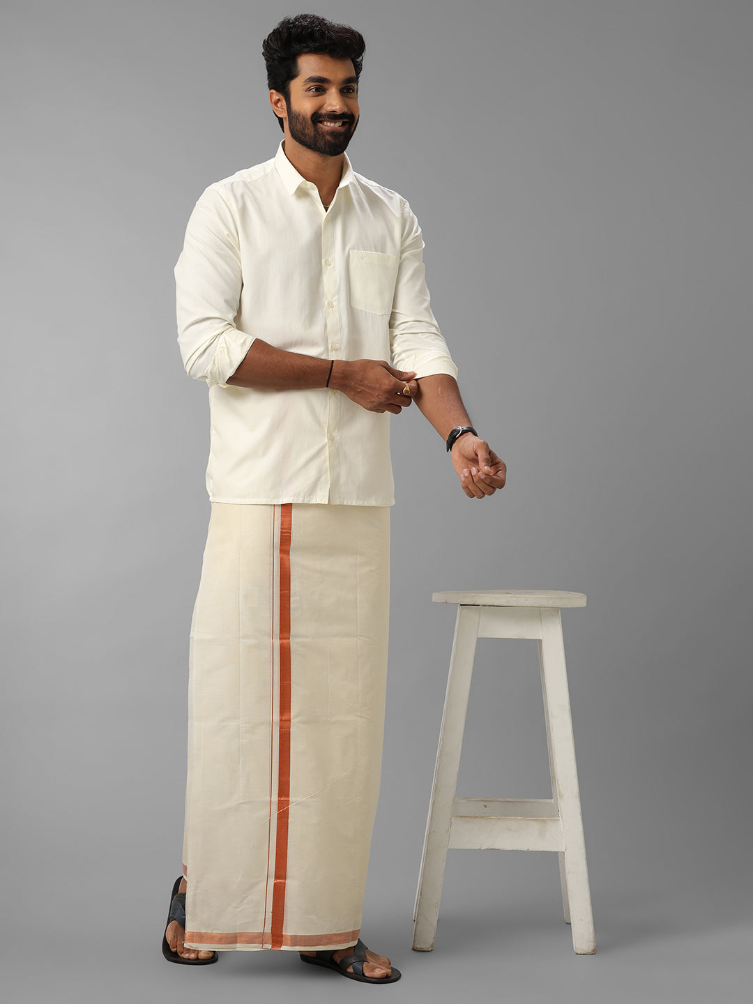 Men Copper Jari  Border Kora Dhoti Mangal