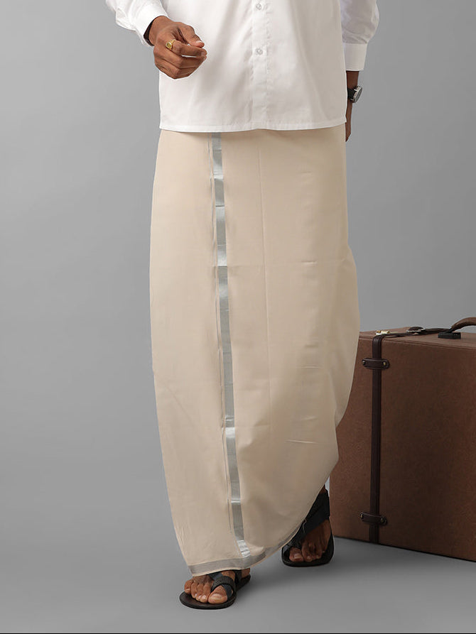 Men Cotton Blend Single Layer Sandal Dhoti with Silver Jari Border
