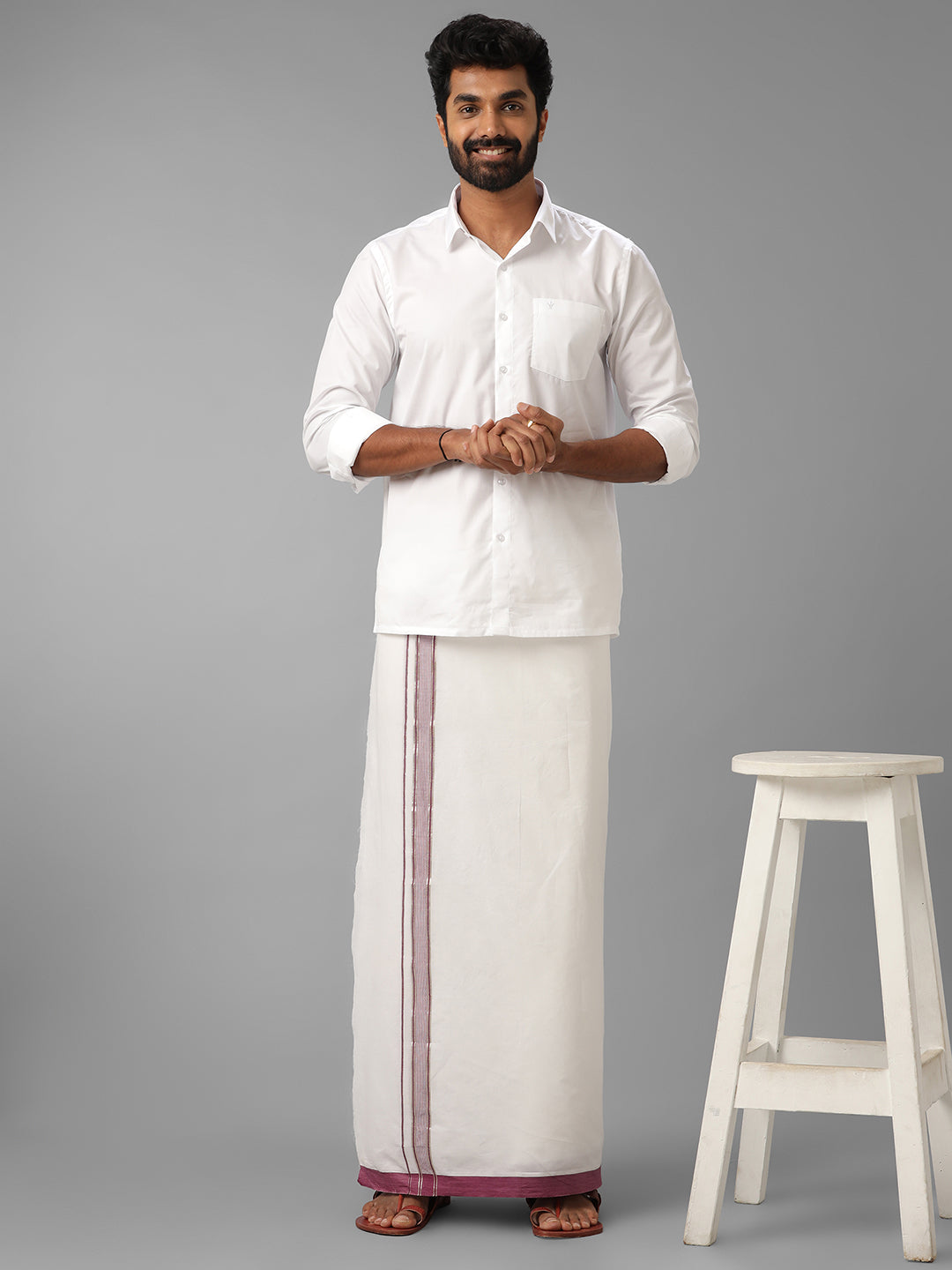 Mens Pure Cotton Maroon with Silver Border Double Dhoti