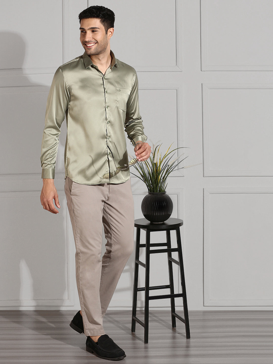 Mens Party Wear Olive Green Shirt PS1