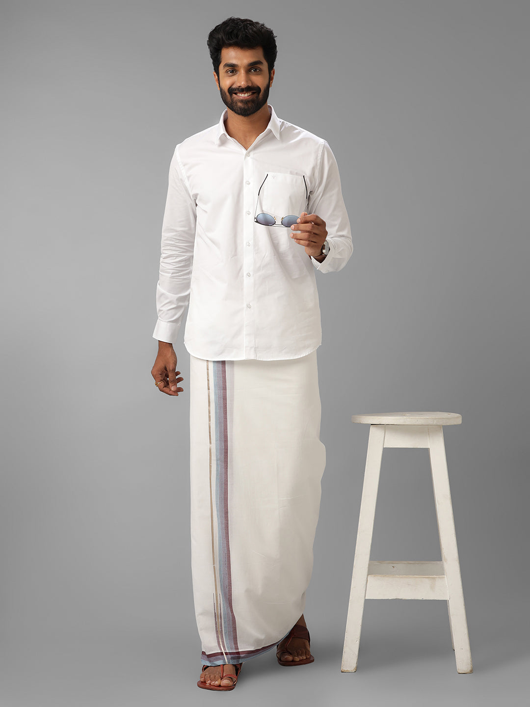 Mens Pure Cotton Silver Jari Border Dhoti Violet