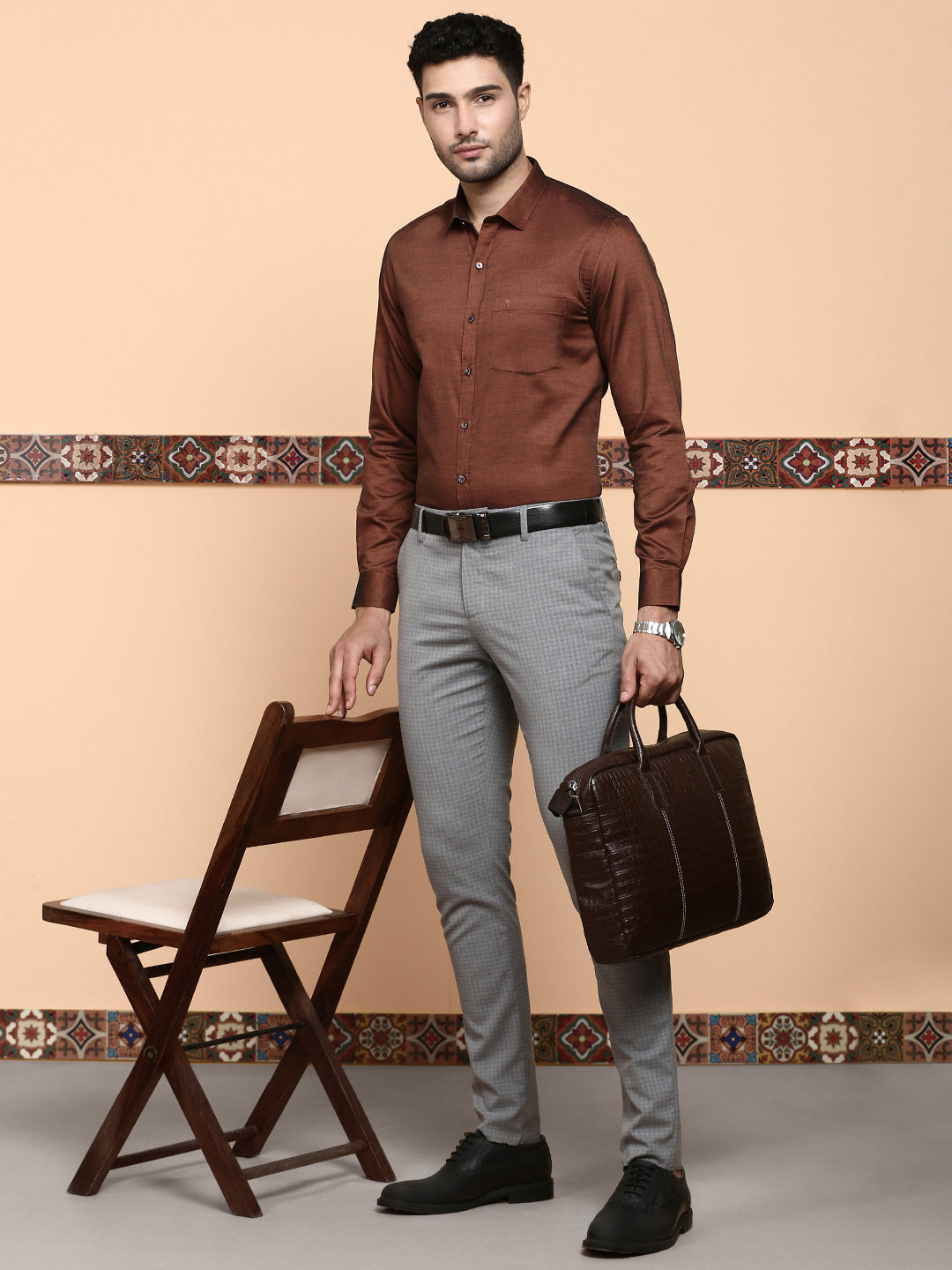 Men Premium Cotton Full Sleeves Shirt Brown EL GP12