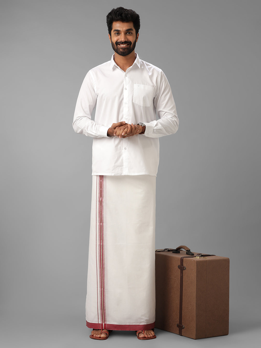 Mens Pure Cotton Magenta with Silver Border Double Dhoti