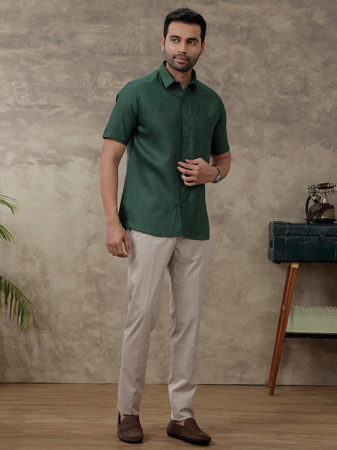 Men Cotton Rich Shirt Half Sleeves Dark Green T26 TB9