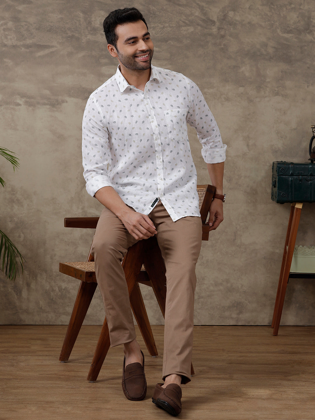Men Pure Linen Printed Shirt White LS68