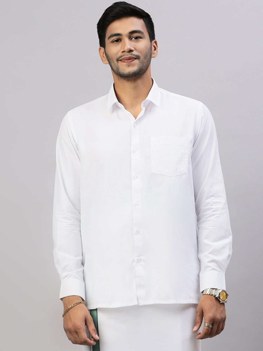 Mens White Shirt with Green Fancy Border Dhoti Combo WP01