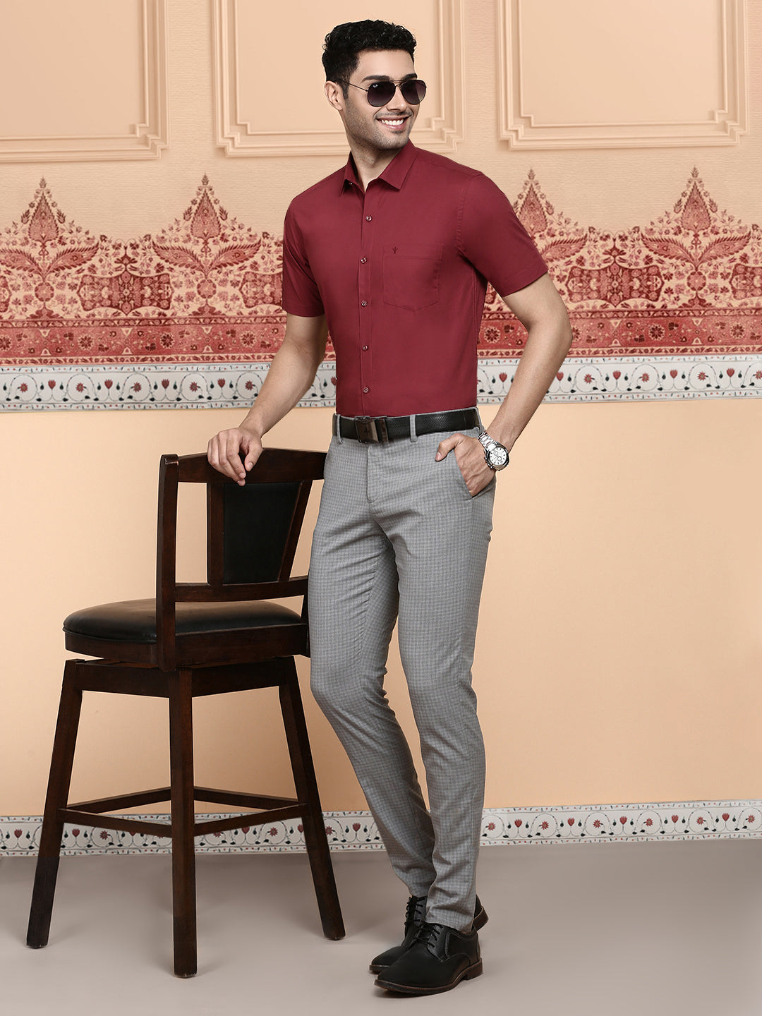 Men Cotton Spandex 2 Way Stretch Shirt Maroon LY6