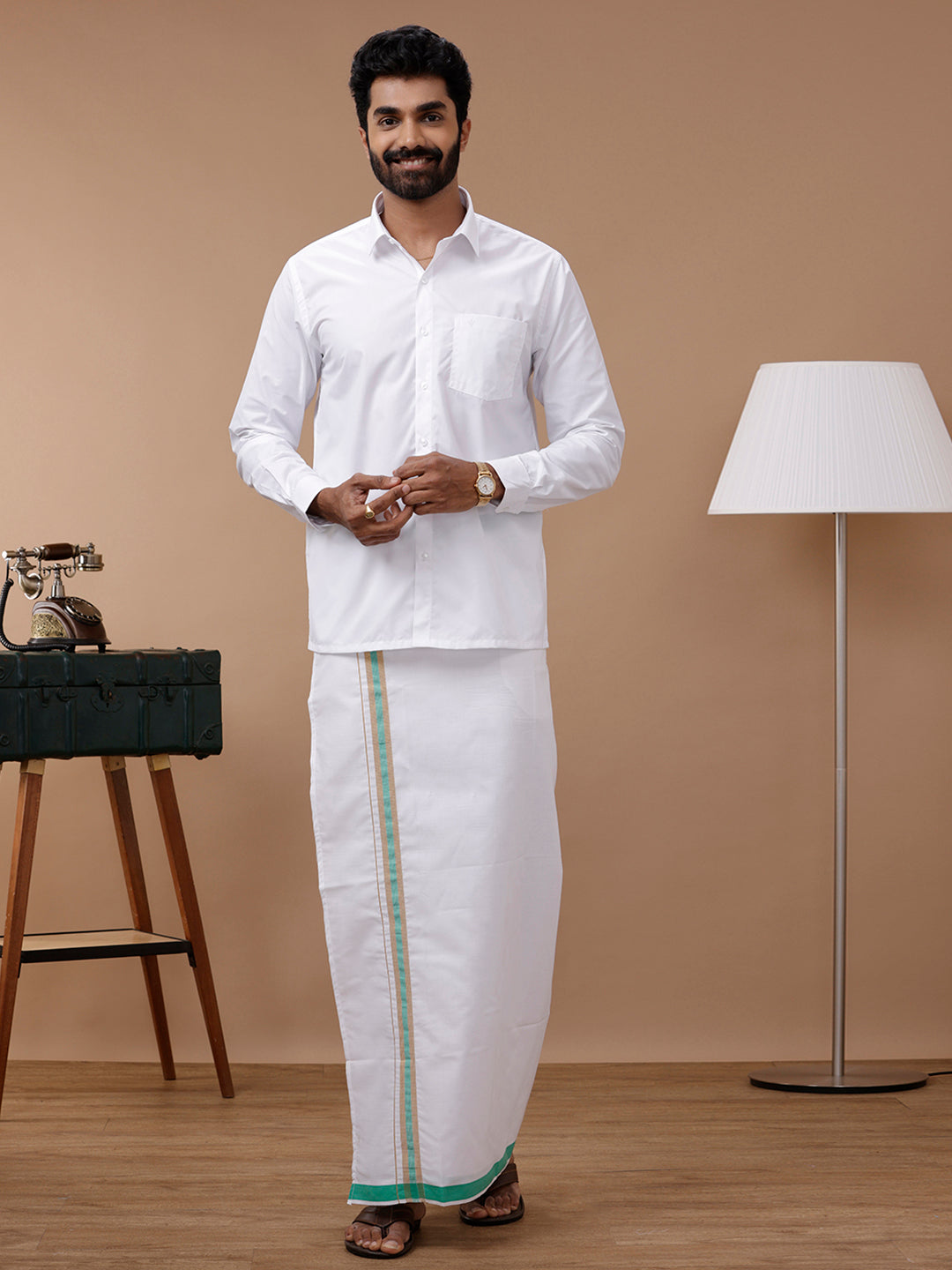 Men Green Adjustable Pocket Dhoti with Jari Border GACJ05