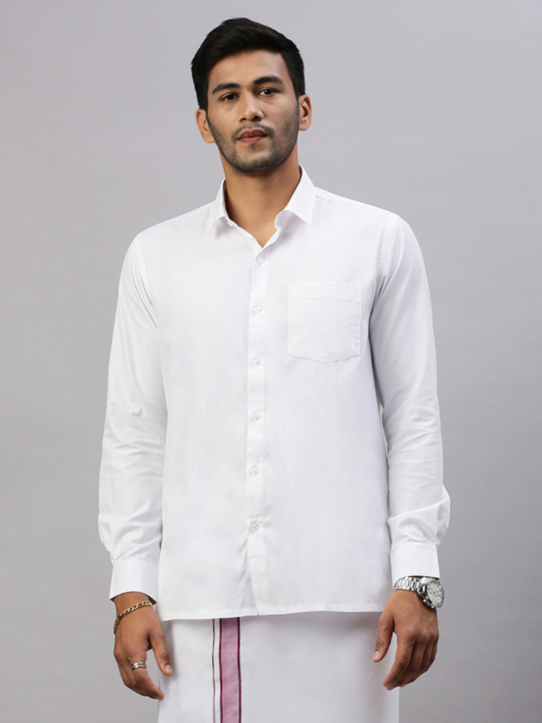 Mens White Shirt with Purple Fancy Border Dhoti Combo WP18