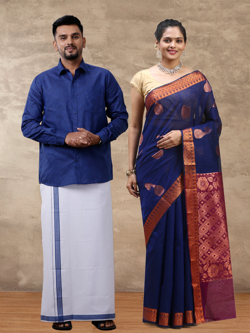 Couple Combo Shirt & Dhoti Set with Saree Blue SS301