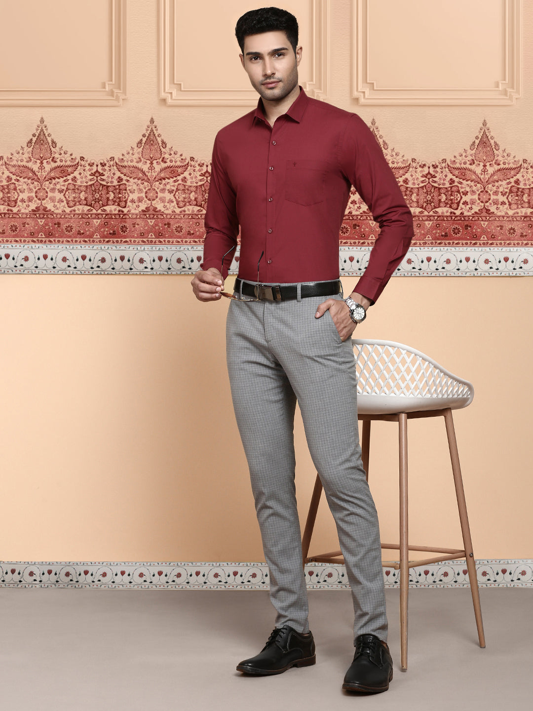 Men Cotton Spandex Shirt 2 Way Stretch Maroon LY6