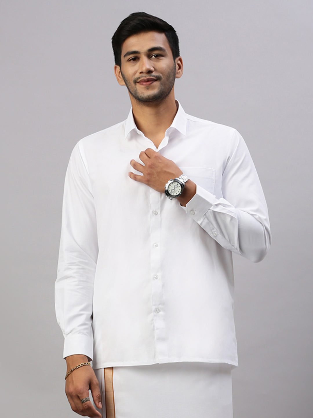 Men White Shirt with Brown Fancy Border Dhoti Combo WP08