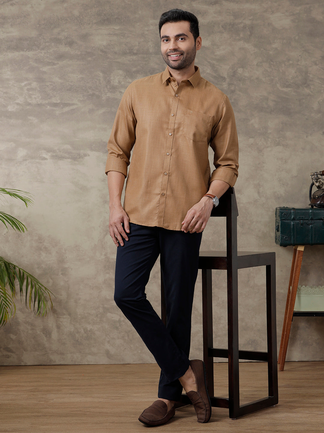 Men Cotton Blend Shirt Dark Brown T41 TQ6