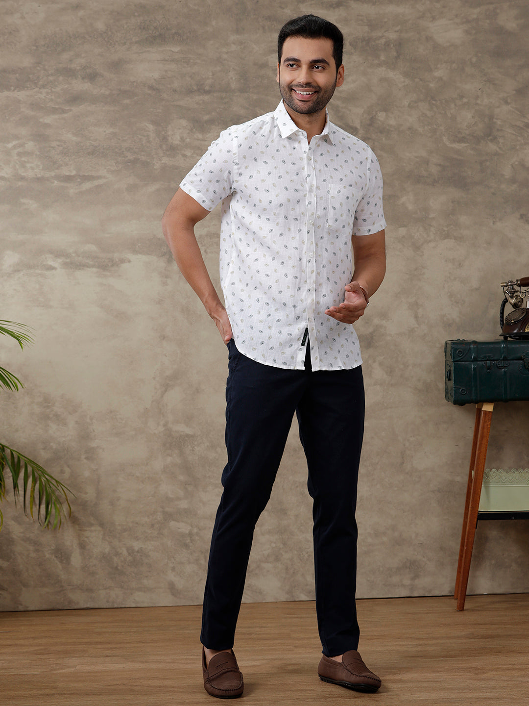 Men Pure Linen Printed Shirt White LS68