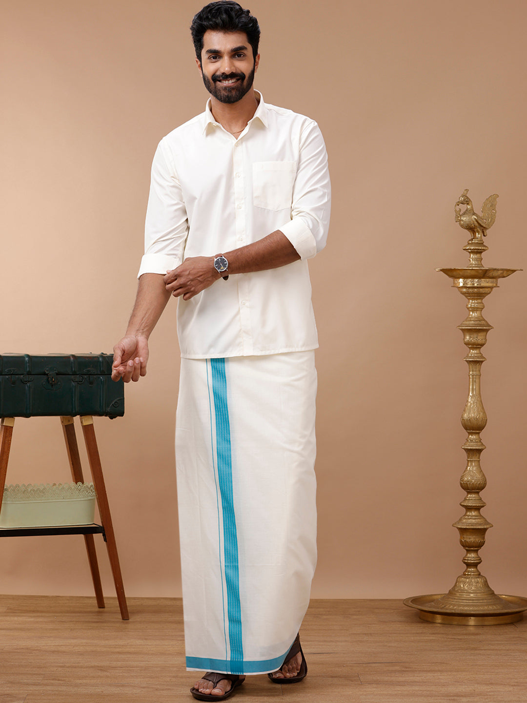 Men Kora Double Dhoti Blue Terra Kora Fancy