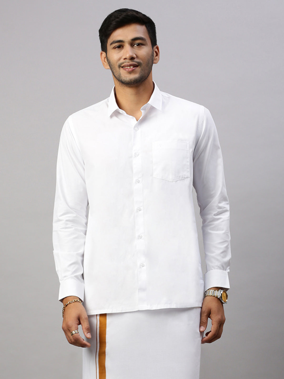 Men White Shirt with Single Dhoti Gold Combo WS13