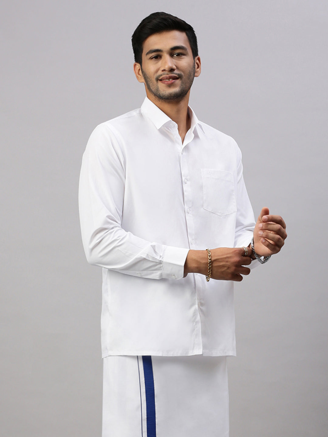 Mens White Shirt with Single Dhoti Blue Combo WS15