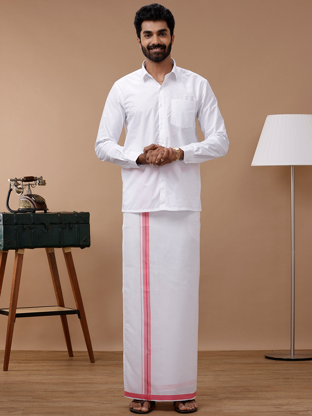 Men Pink Adjustable Pocket Dhoti with Fancy Border GACF05