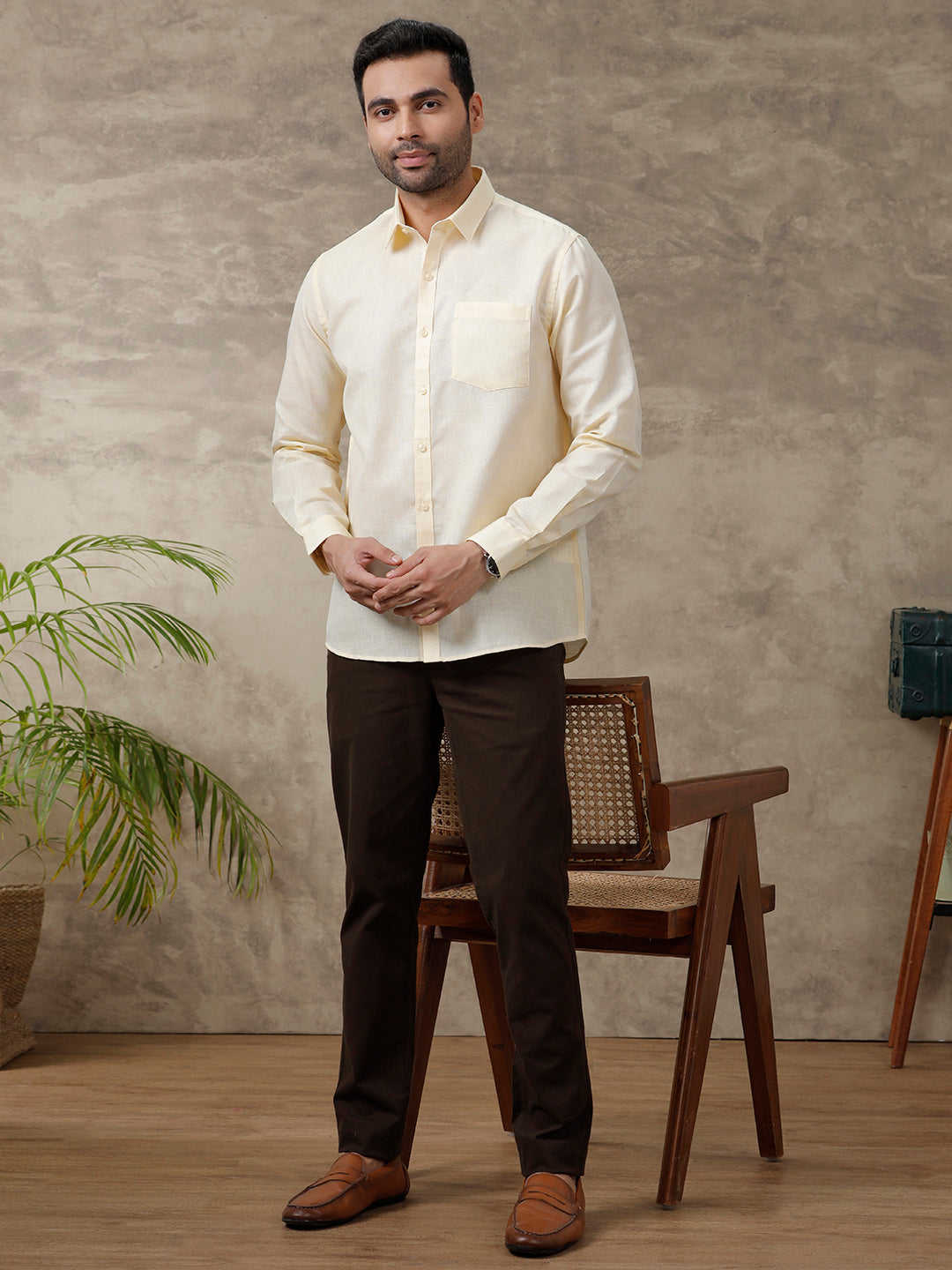 Men Cotton Blend Shirt Full Sleeves Yellow CV1