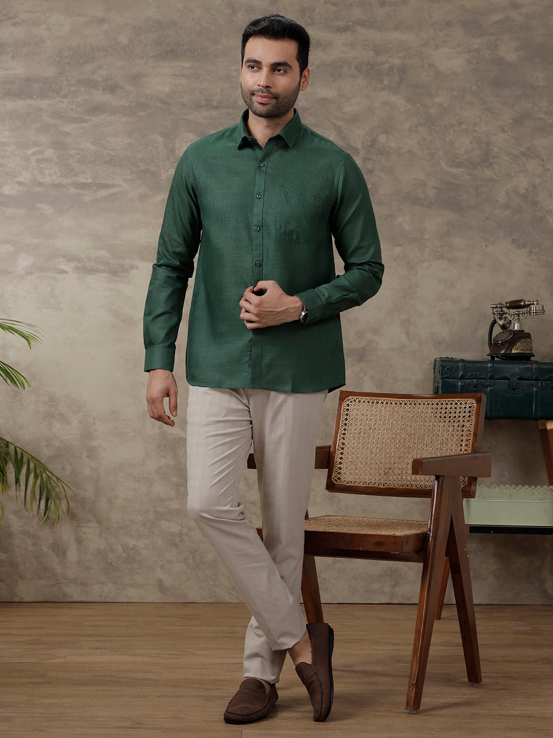 Men Cotton Blend Full Sleeves Shirt Dark Green T26 TB9