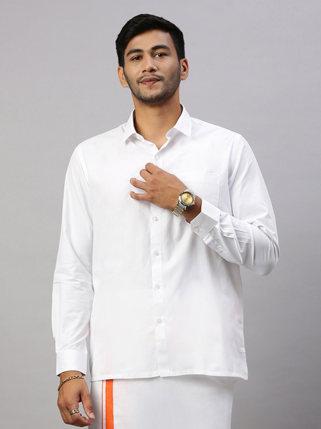 Men White Shirt with Single Layer Dhoti Orange Combo WS12