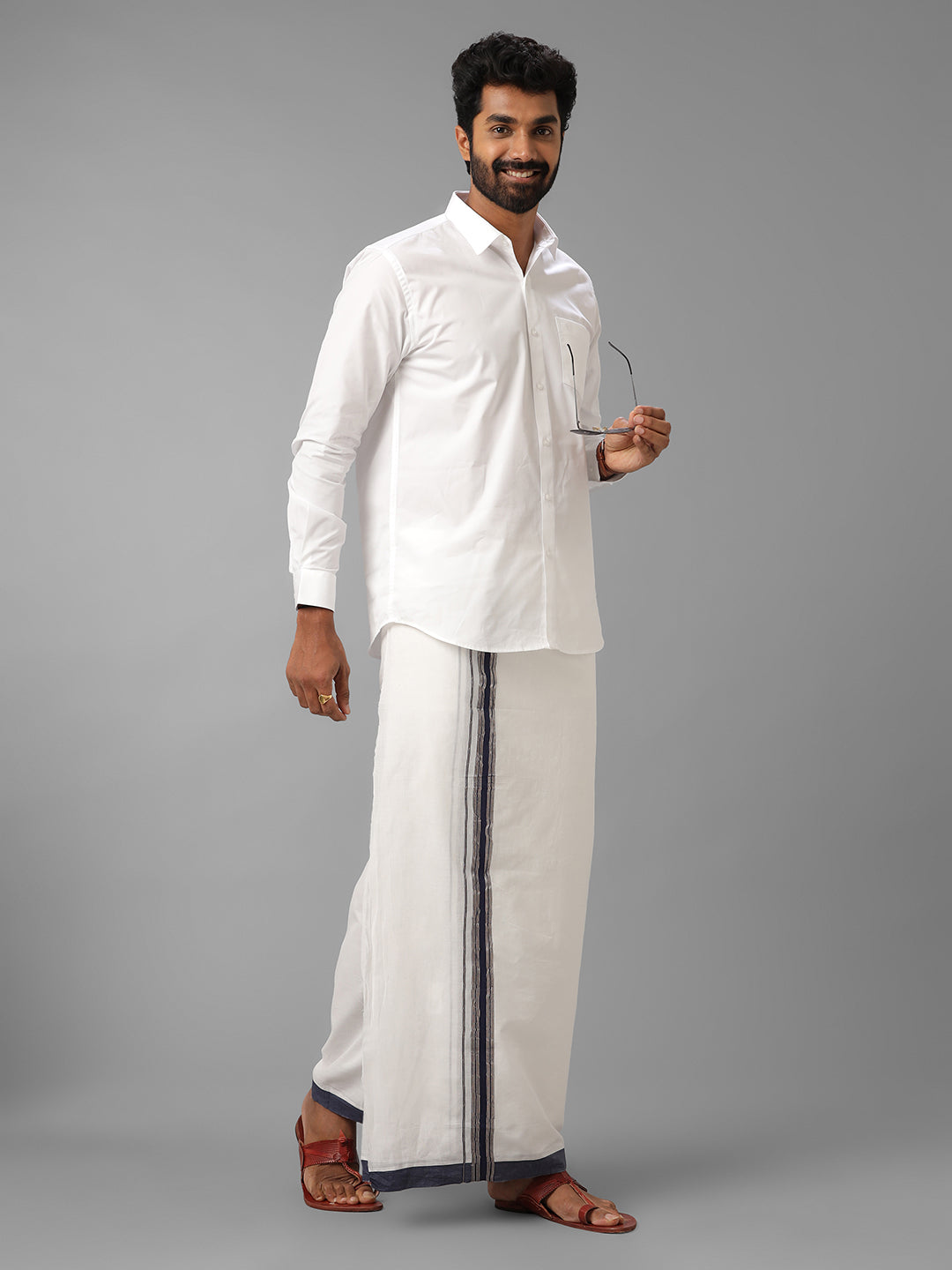 Men Pure Cotton Navy with Silver Border Double Dhoti