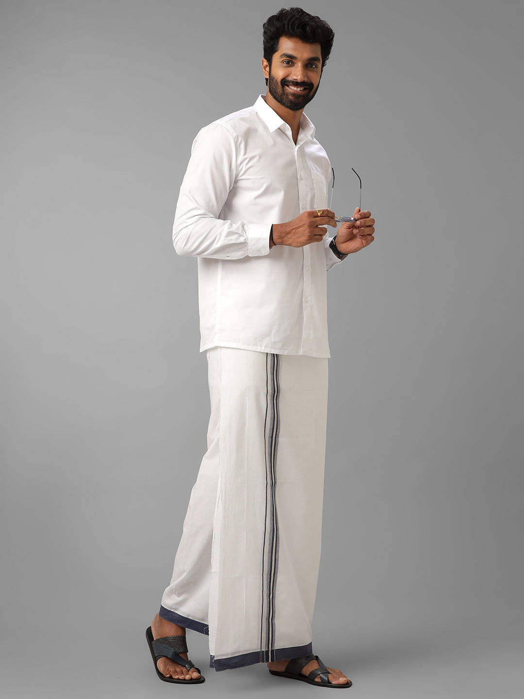 Mens Pure Cotton Navy with Silver Border Double Dhoti