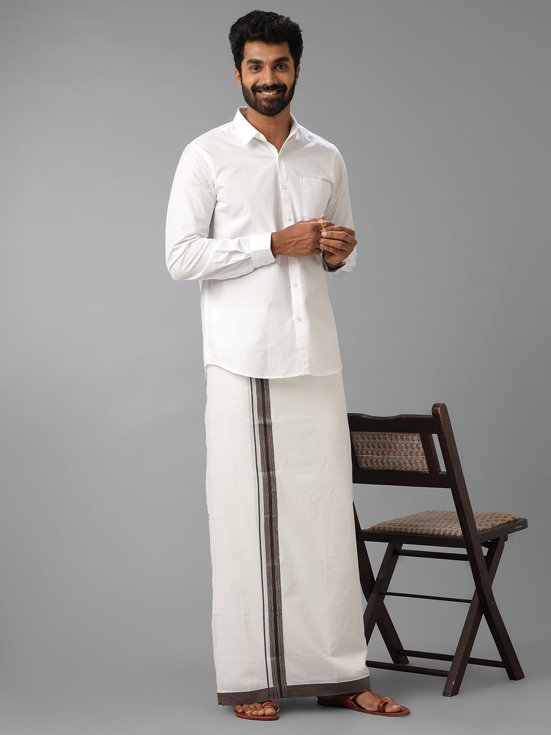 Mens Pure Cotton Brown with Silver Border Double Dhoti