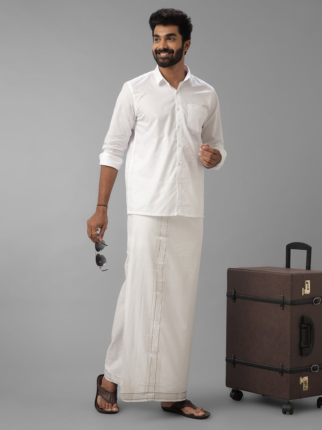 Mens Pure Cotton Silver Jari Border Double Dhoti