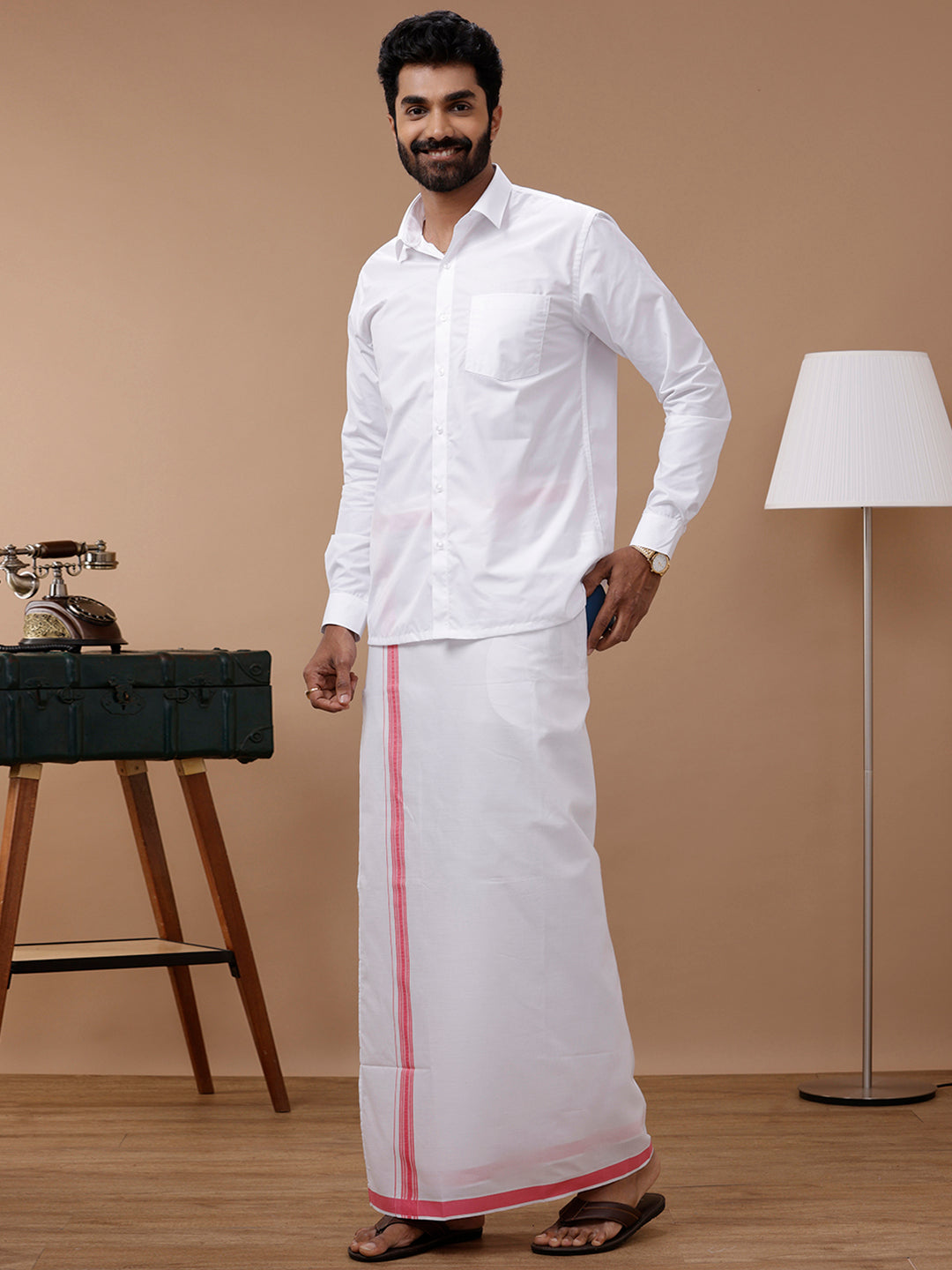 Men Pink Adjustable Pocket Dhoti with Fancy Border GACF05