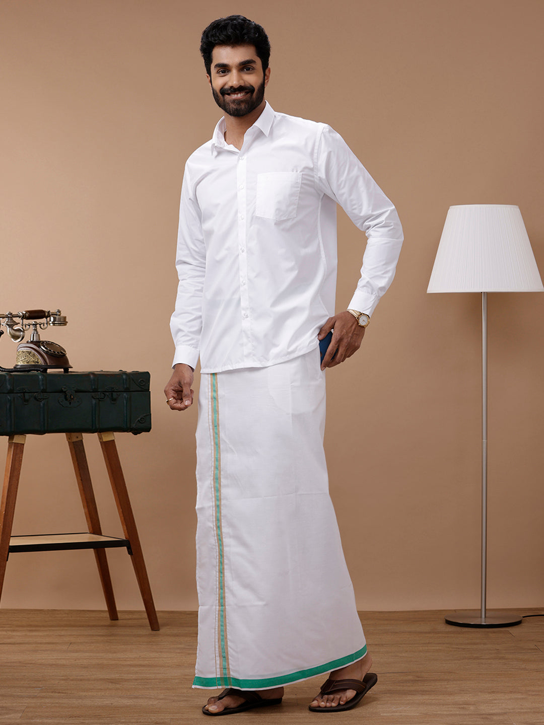 Men Green Adjustable Pocket Dhoti with Jari Border GACJ05