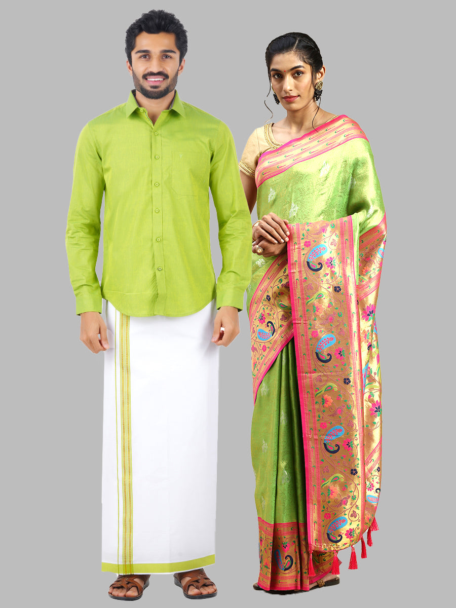 Matching Dhoti Shirt & Semi Silk Saree Couple Combo Green