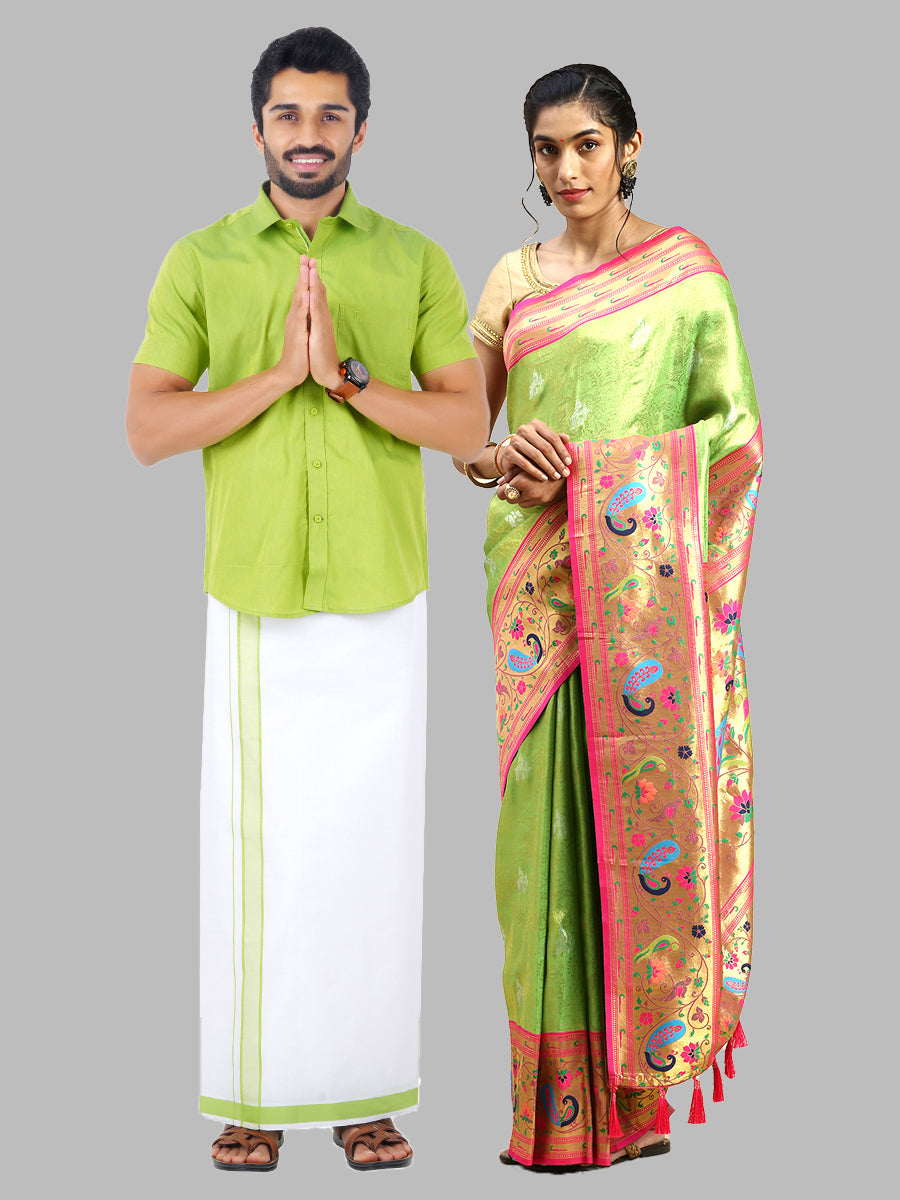 Matching Dhoti Shirt & Semi Silk Saree Couple Combo Green-Full view