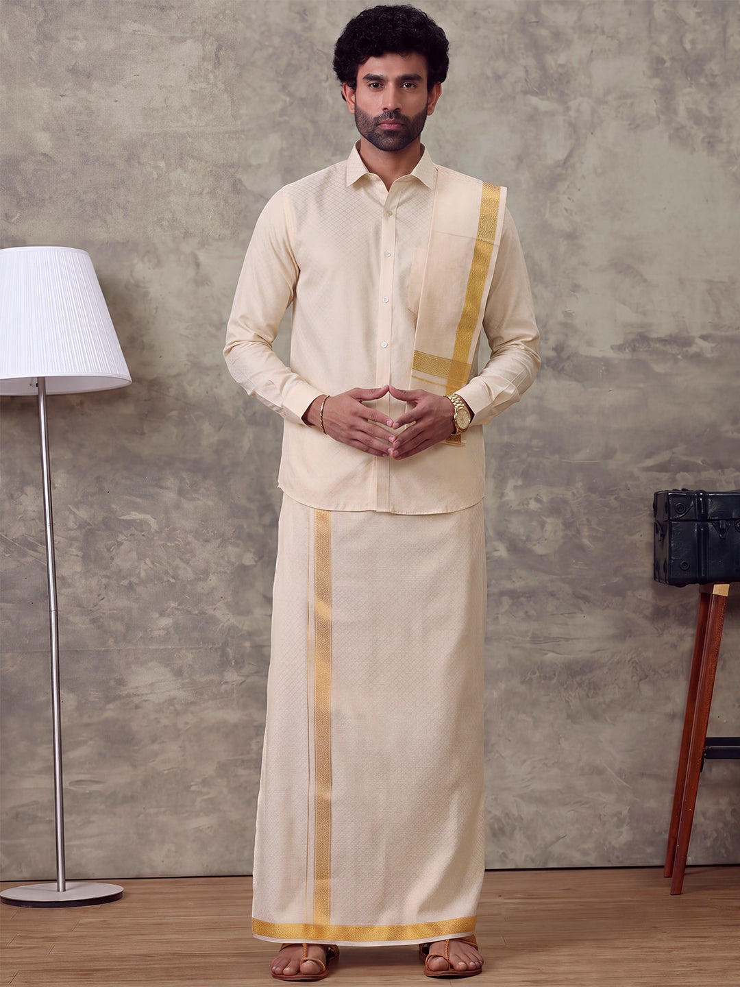 Tissue Gold Jacquard Shirt, Dhoti & Towel Set - GD13