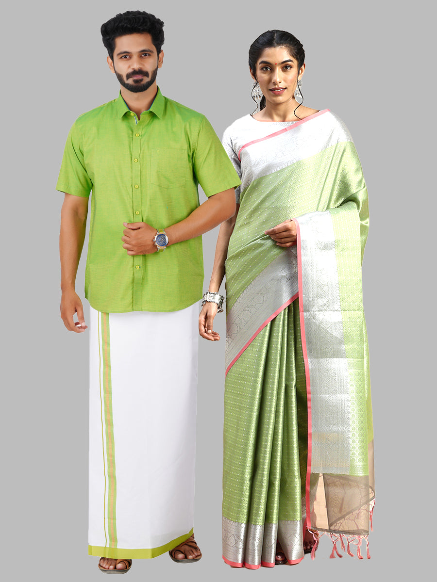 Matching Dhoti Shirt & Semi Kora Cotton Saree Couple Combo Parrot Green