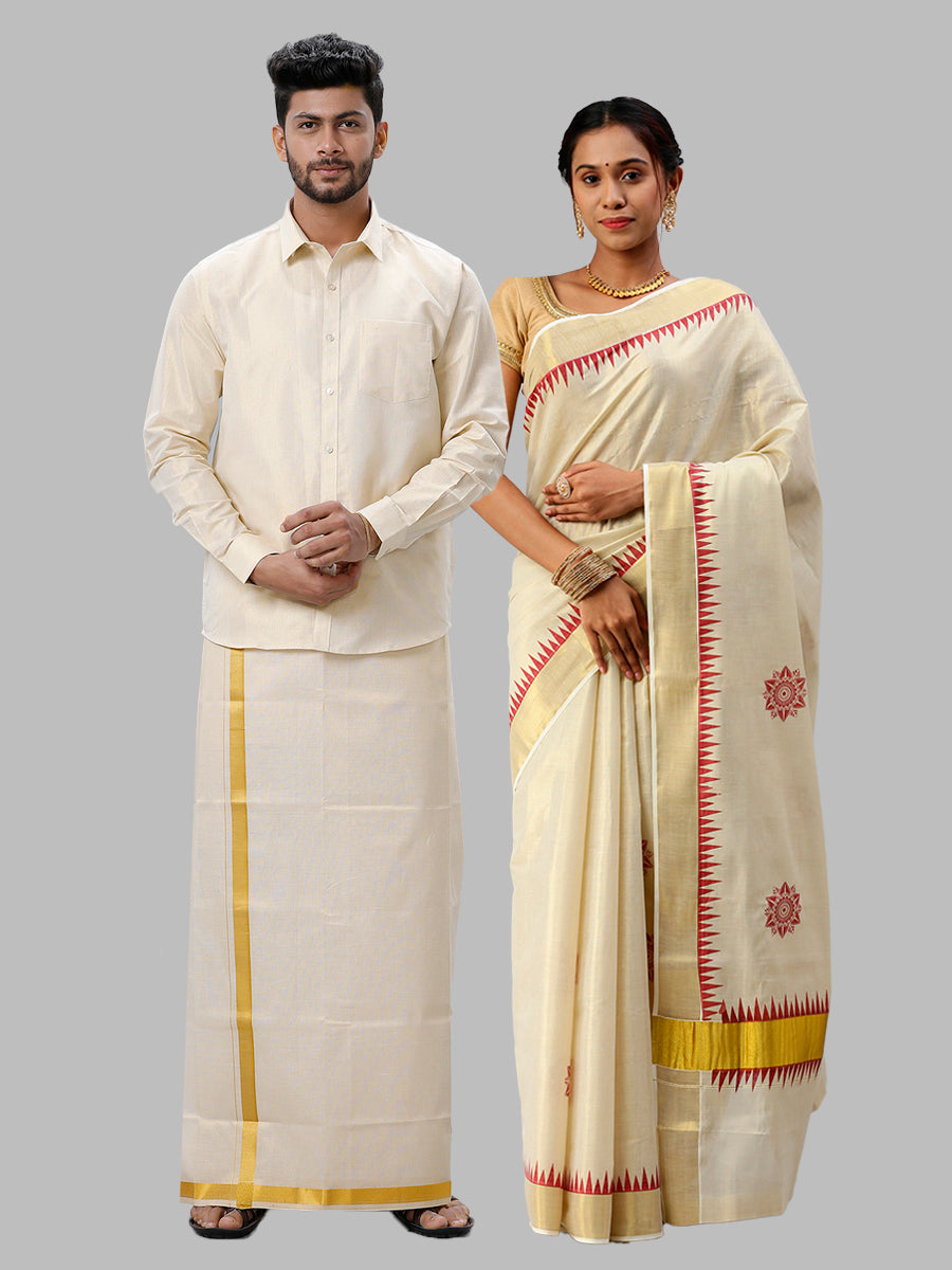 Matching Tissue Jari Dhoti Shirt &  Tissue Jari Saree Couple Combo Gold-Full view