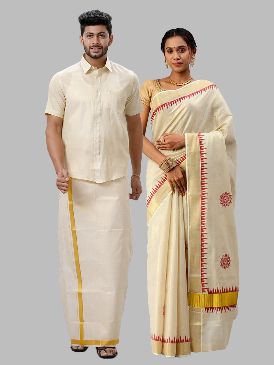 Matching Tissue Jari Dhoti Shirt &  Tissue Jari Saree Couple Combo Gold