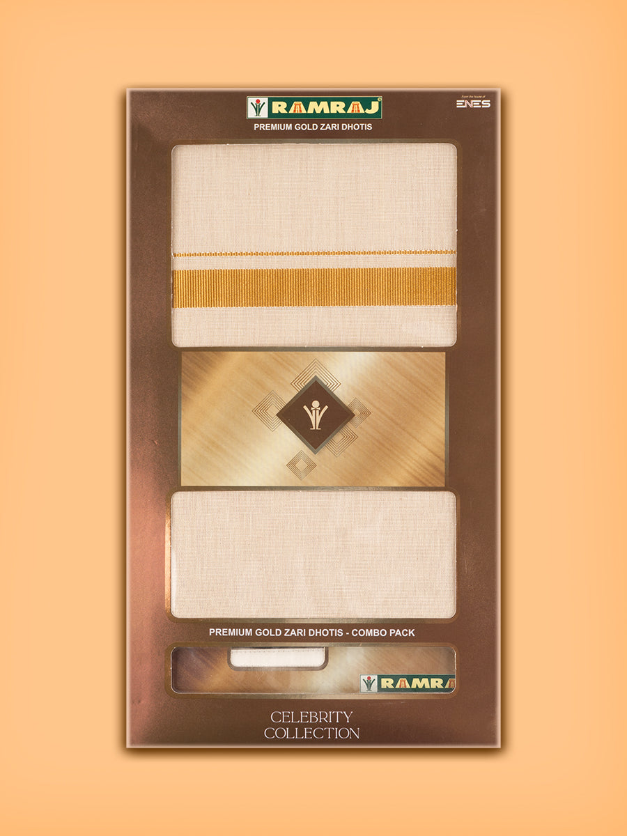 Mens  Premium Fancy border Dhoti & Shirt Fabric - Celebrity Set - Gold