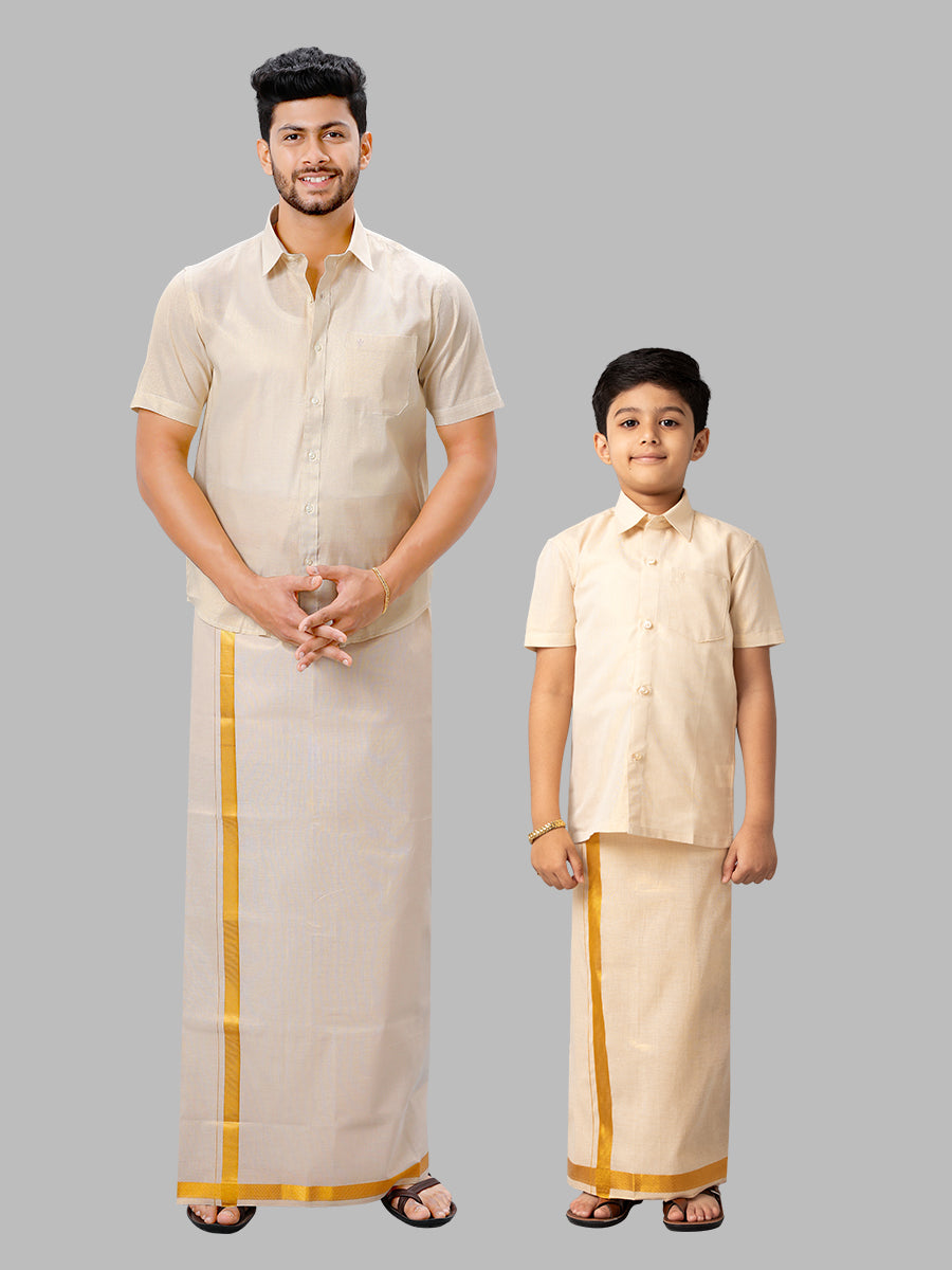 Like Father Like Son Tissue Jari Shirt Dhoti Combo Sankalpam Gold