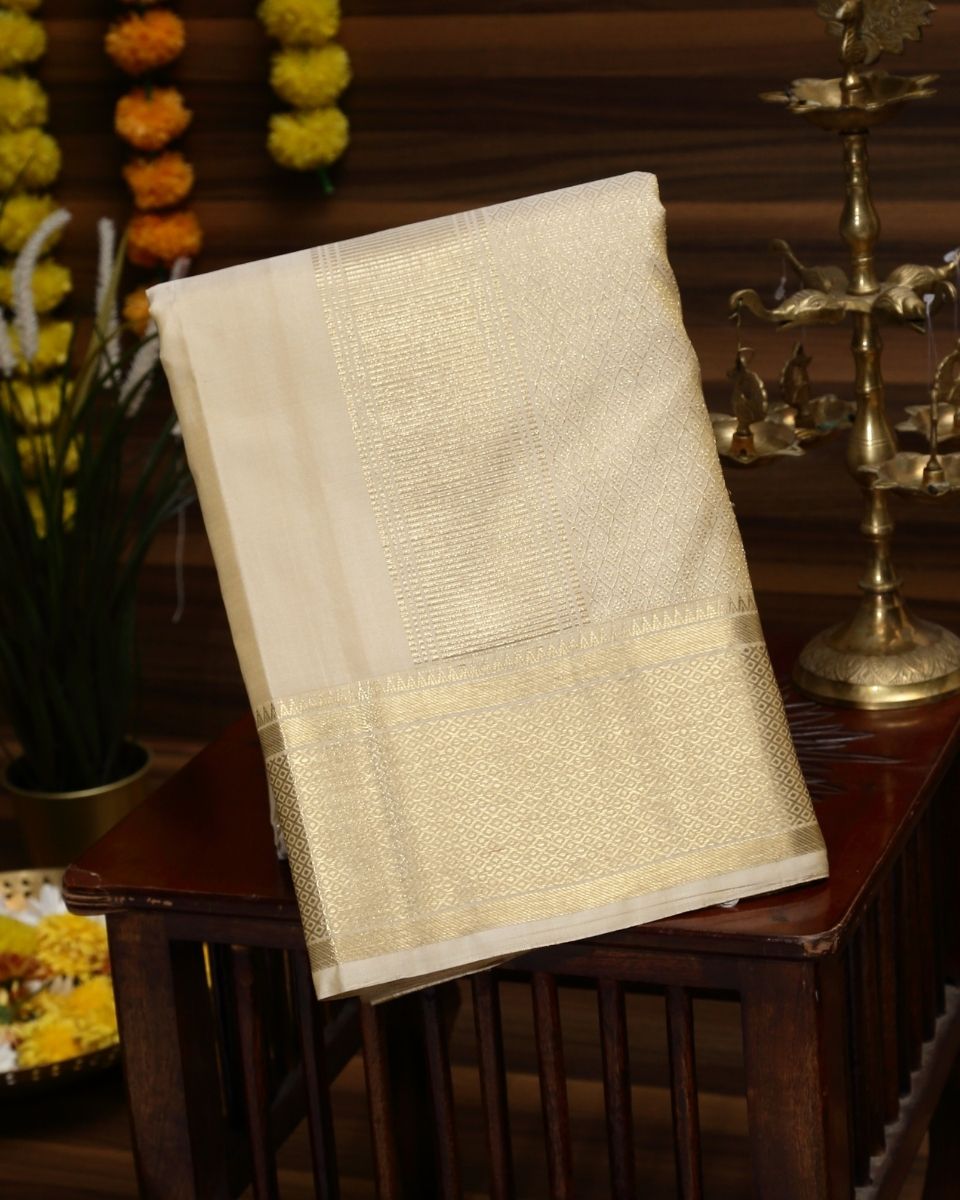 Men Premium Pure Silk Dhoti and Towel Set with 2-gram Gold Jari Virutcham