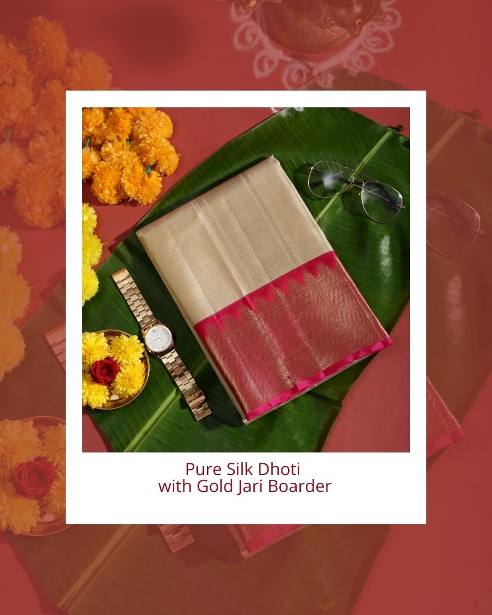 Men Premium Pure Silk Dhoti & Towel Set with 2-gram Gold Pink Jari Border Virutcham