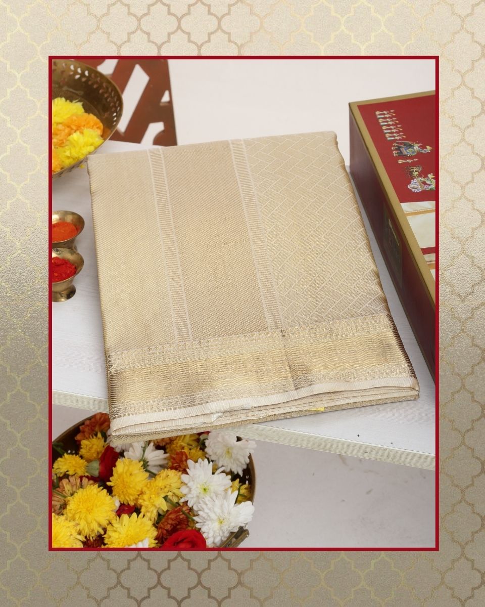 Men Premium Pure Silk Dhoti and Towel Set with 2-gram Gold Jari Amirtham