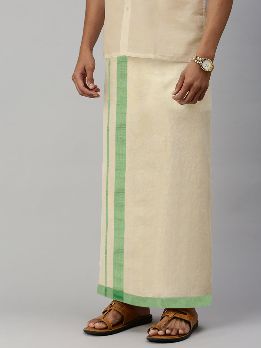 Mens Regular Single Tissue Dhoti with Green Jari Border Clever Fancy-Side view