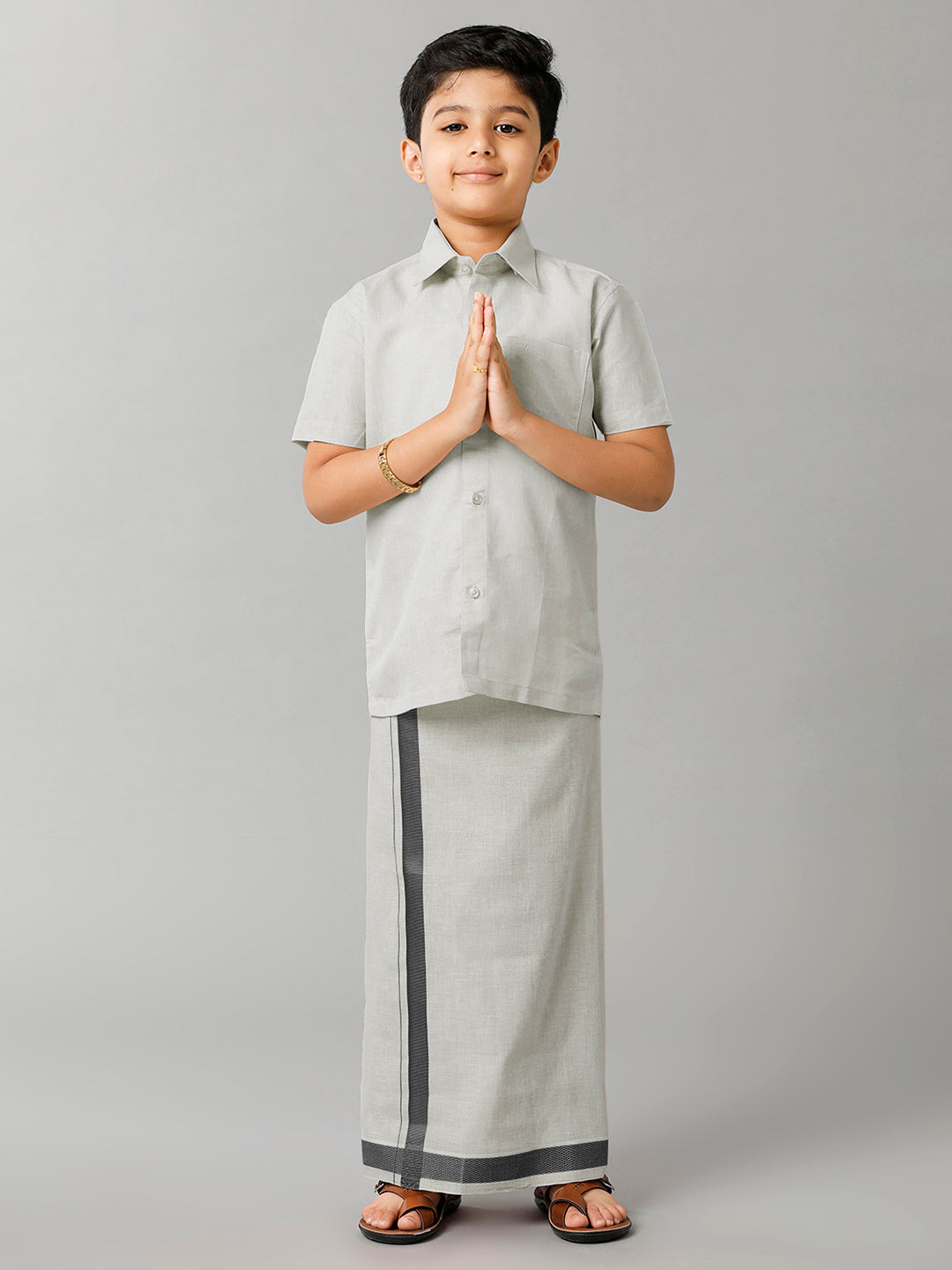 Boys Tissue Jari Half Sleeve Shirt Dhoti Set Sankalpam Steel Grey