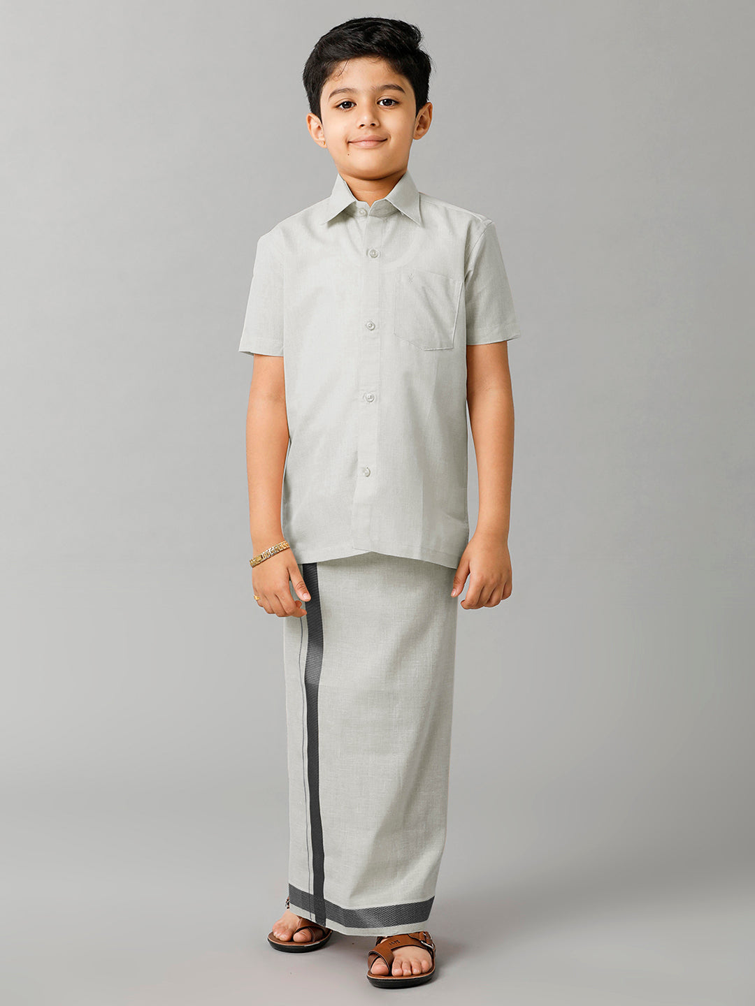 Boys Tissue Jari Half Sleeve Shirt Dhoti Set Sankalpam Steel Grey