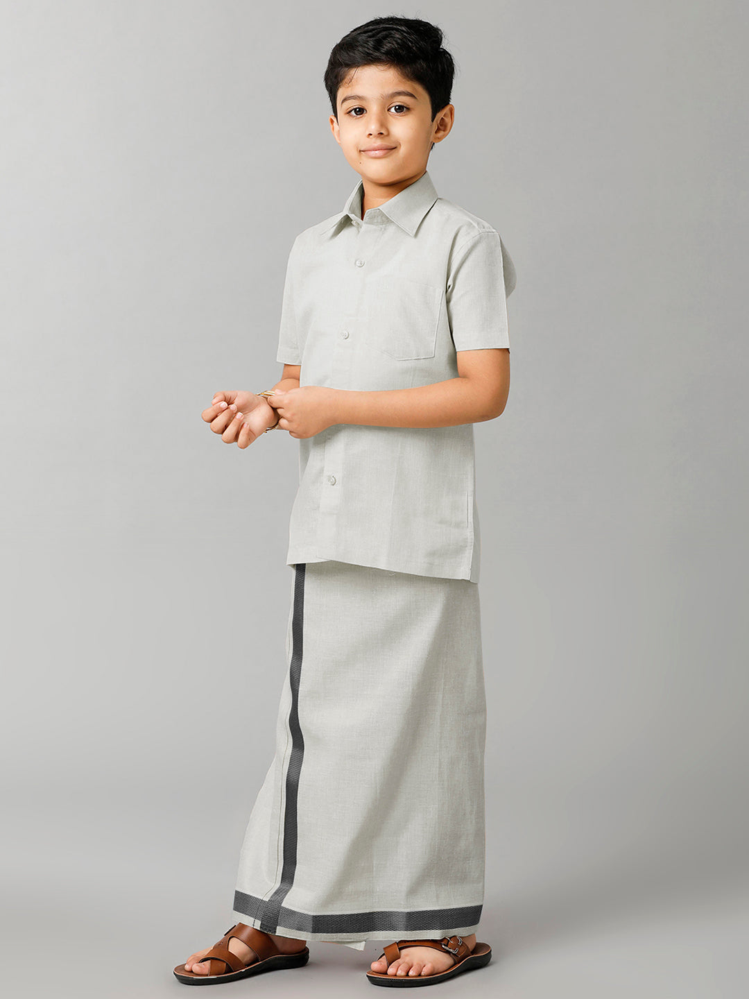 Boys Tissue Jari Half Sleeve Shirt Dhoti Set Sankalpam Steel Grey