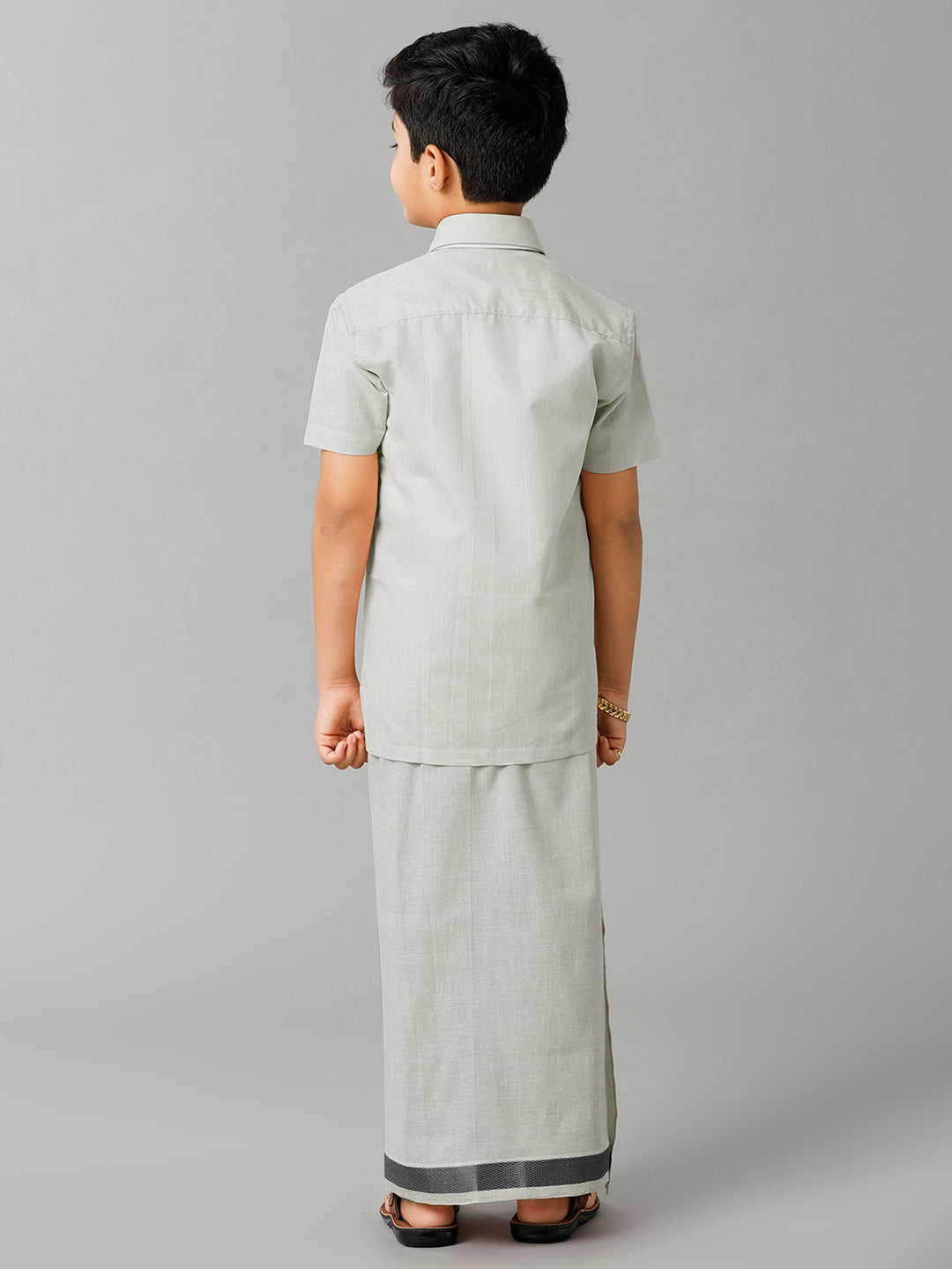 Boys Tissue Jari Half Sleeve Shirt Dhoti Set Sankalpam Steel Grey