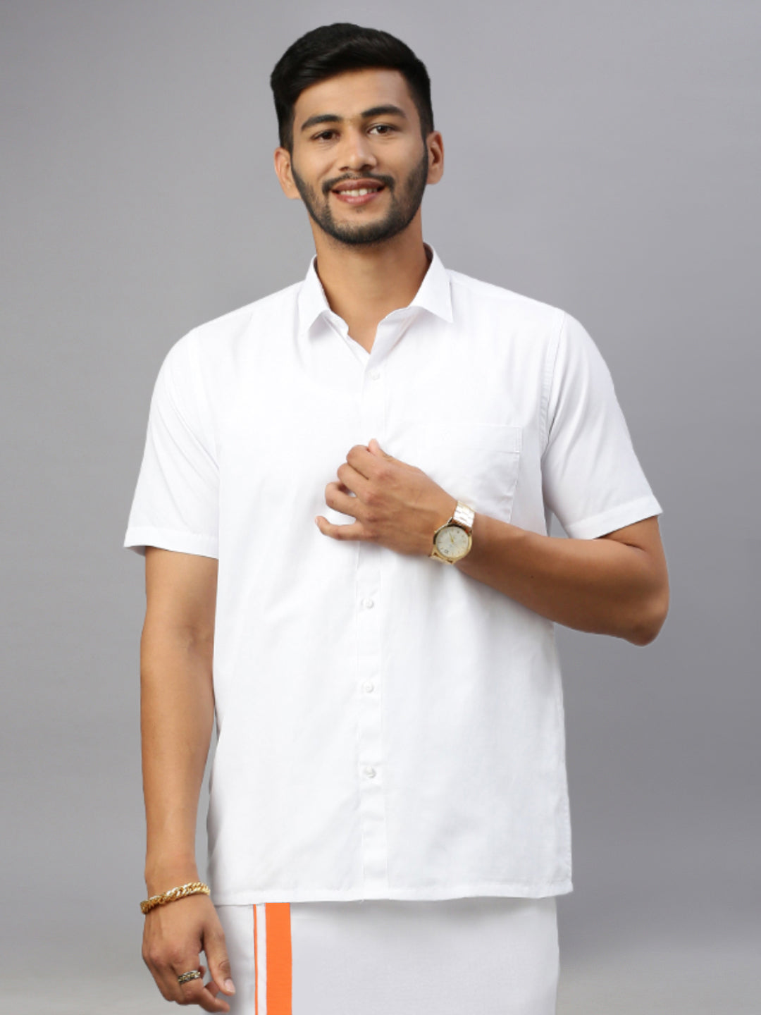 Men White Shirt with Single Layer Dhoti Orange Combo WS12