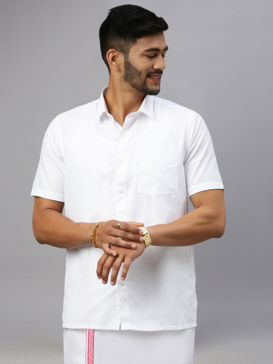 Mens White Shirt with Pink Fancy Border Dhoti Combo WP19