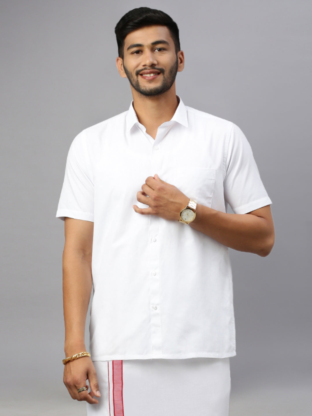 Mens White Shirt with Red Fancy Border Dhoti Combo WP02